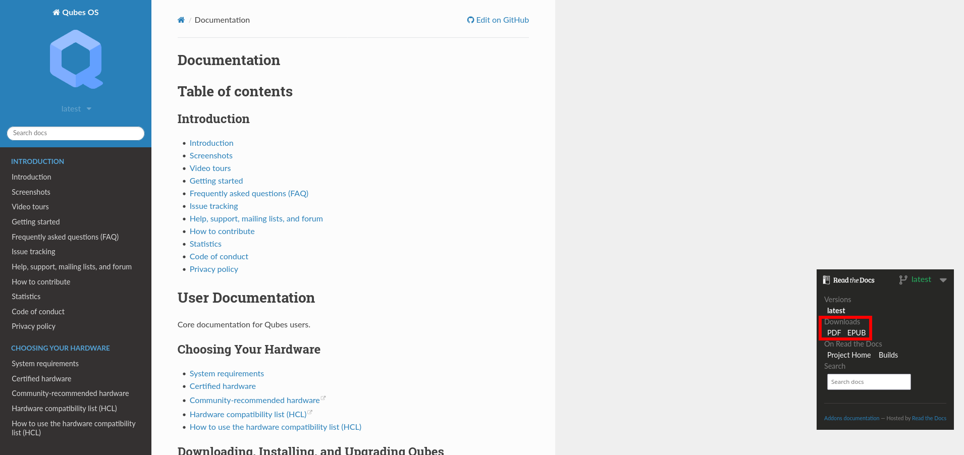 Highlights from where one can download a ePUB or PDF of hte Qubes OS documentation deployed on RTD